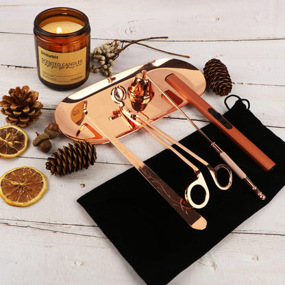 5 in 1 Candle Accessory Set, Candle Wick Trimmer Cutter, Candle Snuffer & Candle Wick Dipper,USB Rechargeable Lighter, Storage Tray Plate for Candle Lover Mom Gift, Candle Care Kit (Rose Golden)