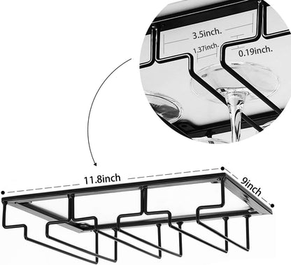 Wine Glass Rack - Under Cabinet Stemware Wine Glass Holder Glasses Storage Hanger 2 Pack Metal Organizer for Bar Kitchen Black