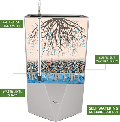 Dexceder 24 Inches Tall Self Watering Planter Diamond Metallic Matte Indoor Outdoor, Thickened Rhombus Large Floor Standing Flower Plant Pot with Water Level Indicator (Gray)