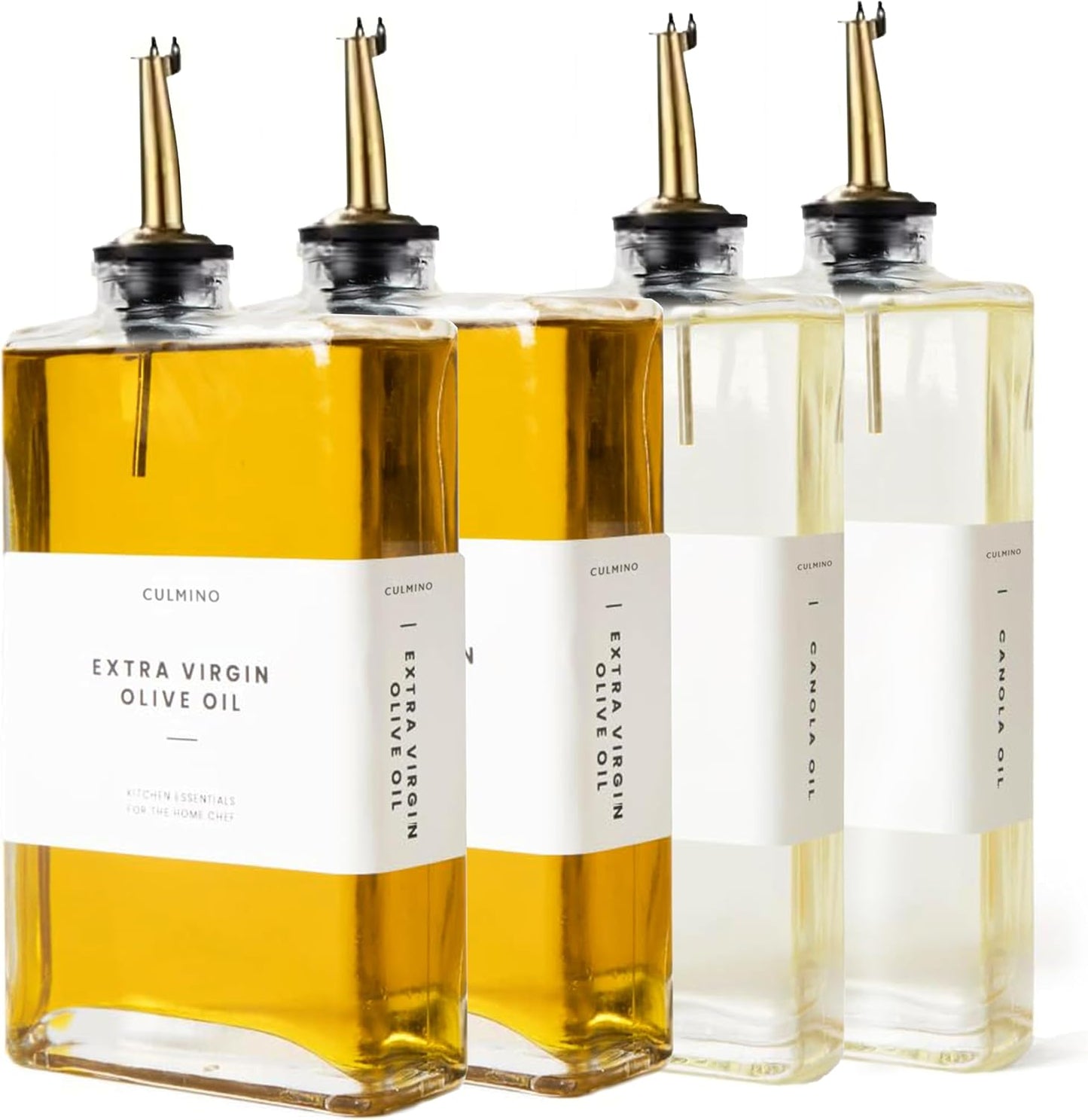 Premium Glass Olive Oil Dispenser Bottle 350ml | Cooking Oil and Vinegar Dispenser | Oil Dispenser for Kitchen with Gold Pourers, Funnel, Brush & 36 Labels (4 Pack)