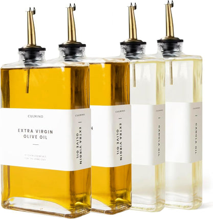 Premium Glass Olive Oil Dispenser Bottle 350ml | Cooking Oil and Vinegar Dispenser | Oil Dispenser for Kitchen with Gold Pourers, Funnel, Brush & 36 Labels (4 Pack)