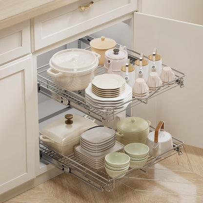 DINDON Pull Out Cabinet Organizer (22-1/2" W x 21-1/2"D), Cabinet Pull Out Shelves, 2 Tier Pull Out Drawers for Kitchen Cabinets, Wire Basket Slide Out Shelf, Pot and Pan Organizer