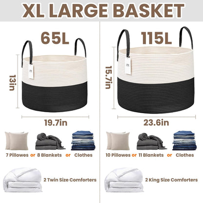 Woven Blanket Basket,65L Large Rope Storage Bin with Handles, Organizer for Blankets Toys Book and Clothes, Laundry Basket for Living Room Bedroom Nursery,White&Black