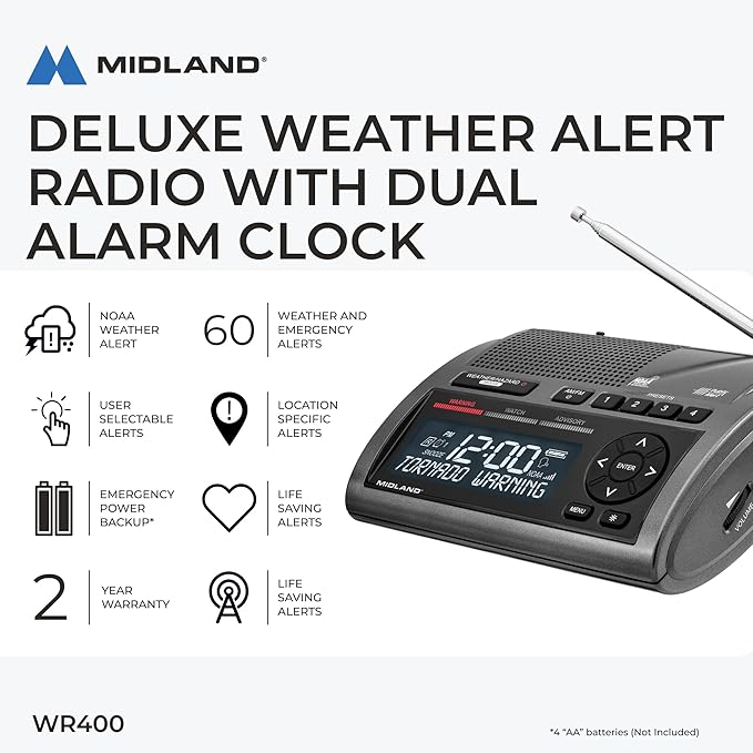 Midland - WR400 Weather Radio Deluxe - NOAA Emergency Alert Scanner – Home Use with Battery Backup - Local County Programming Over 80 Emergency Voice Flashing Alerts – Alarm Clock AM/FM Radio