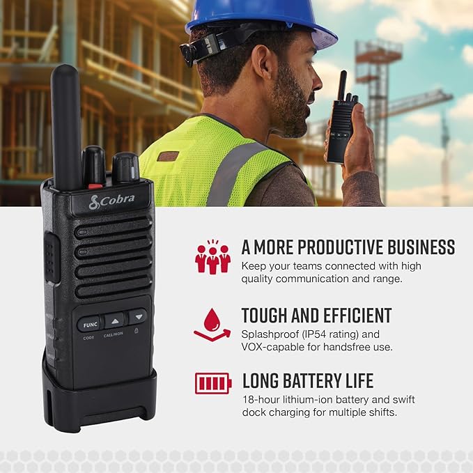 Cobra Business Radio Bundle – 4 Professional Walkie Talkies (2 PX280, 2 PX650) + 2 Headsets - Compact Long-Range Two-Way Radios, Dock Chargers, IP54 Durable, Rechargeable