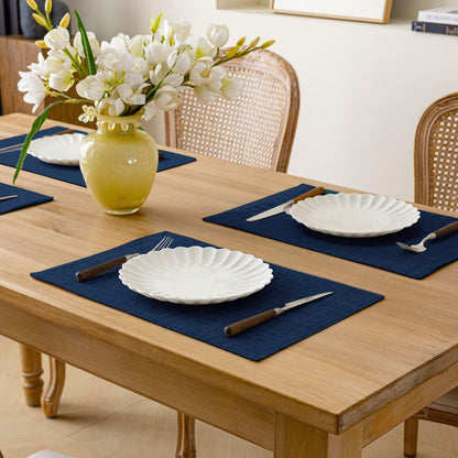 Placemats Set of 6, Bilayer Thickened Linen Place Mats Heat Resistant Machine Washable Wrinkle Free Carefully Selected Polyester Mats for Kitchen/Dining/Coffee Table (Navy Blue)