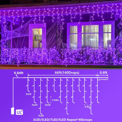 YEGUO 66ft 800 LED Purple Icicle Halloween Lights Outdoor Waterproof, 160 Drops Icicle Light Connectable, 8 Modes Christmas Lights with Memory Timer
