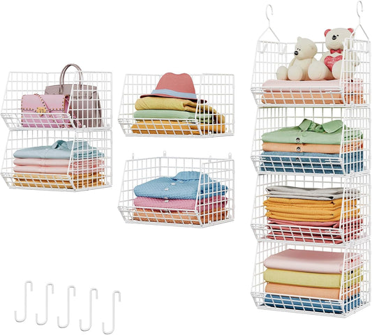X-cosrack 4 Tier Closet Hanging Organizer, Foldable Closet Shelving with 2 Hanging Hooks 5 S Hooks, Wire Storage Basket for Wardrobe Laundry Room, for Clothing Sweaters Shoes Handbags Patent-White