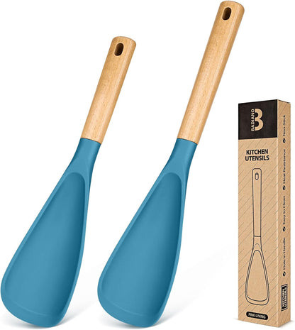 Multifunction Spatula Spoon for Nonstick Cookwares, Great for Cooking and Serving, Sturdy BPA-Free Matte Silicone, Wood Handle Spatula for Mixing, Scoop, and Scrape, Turquoise(2 pack,11.4" & 13.4")
