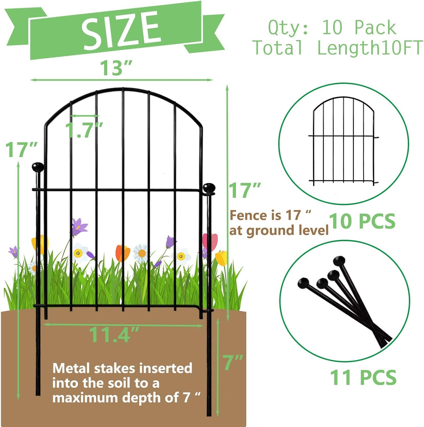 Decorative Garden Fence 17in x10ft, 10 Pack Rustproof Metal No Dig Fence Animal Barrier for Dog, Arched Flower Bed Edging Ornamental Wire Border Panel Fencing for Yard Patio Outdoor Decor