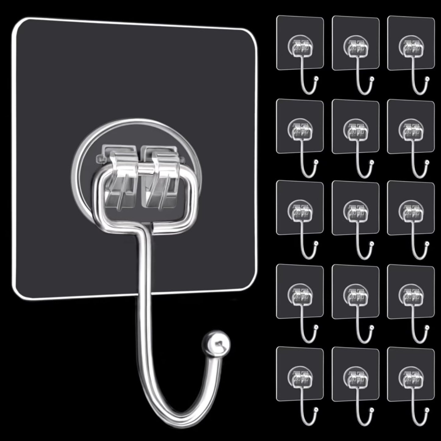 DKHDBD Large Adhesive Hooks, 16-Pack Hold 33lb(Max) Heavy Duty Sticky Hooks, Waterproof Transparent Hooks for Hanging, Self-Adhesive Traceless Clear Wall Hooks to Use for Keys Robe & Towel