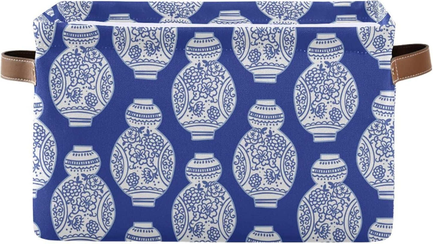 susiyo Storage Baskets for Shelves Organizer Baskets with Metal Frame Closet Storage Bins Fabric Bins Cubes with PU Handles for Organizing Shelf Nursery Toys 1 PACK,Blue Chinoiserie Vases