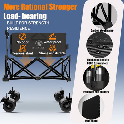 Collapsible Wagon Cart with Silent All-Terrain Wheels, Foldable Heavy Duty Beach Wagon with 330LB,Folding Cart with Cup Holders and Brakes for Camping, Garden,Shopping,Sports Black