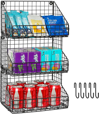 X-cosrack 3-Tier Stackable Detachable Snack Organizer (Large Size), Countertop Display/Wall Mounted Shelf with 5 Hooks Wire Basket Snack Shelf for Office Cabinets, Kitchen, Pantry, 11.8x7.8x22 Inch