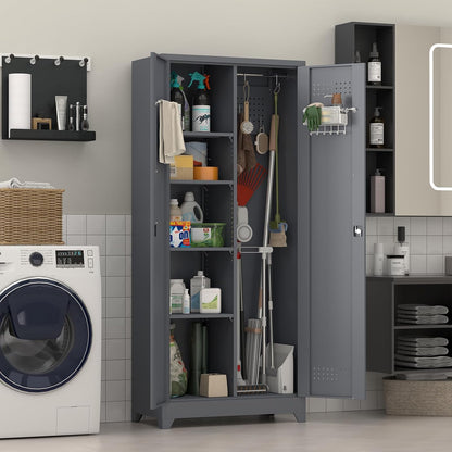 Metal Tool Storage Cabinet, Broom Closet with Hooks, 72.8" Tall Garage Cabinet with Shelves, Heavy-Duty Cleaning Storage for Utility Room, Gym, Office, Garage