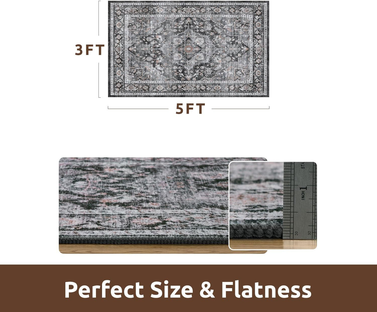 AMOAMI-3X5 Area Rug-Soft Washable Rugs for Living Room Bedroom -Non Slip Entryway Rug-Indoor Vintage Throw Rug Accent Rug for Living Room Laundry Room Kitchen Bathroom Bedside Dark Grey & Black