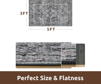 AMOAMI-3X5 Area Rug-Soft Washable Rugs for Living Room Bedroom -Non Slip Entryway Rug-Indoor Vintage Throw Rug Accent Rug for Living Room Laundry Room Kitchen Bathroom Bedside Dark Grey & Black