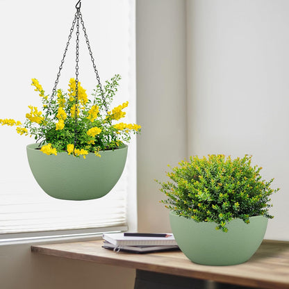 12 inch Large Hanging Planters Plant Pots for Indoor Outdoor Plants, 2 Pack Hanging Flower Pots with Drainage Holes and Chain for Garden Porch, Plastic Hanging Baskets for House Plants, Green