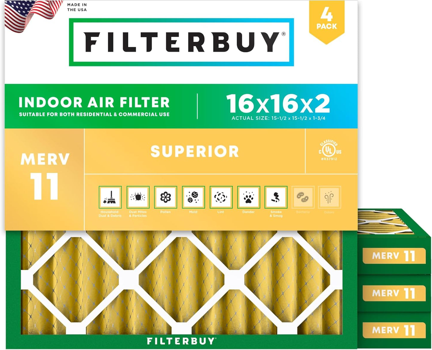 Filterbuy 16x16x2 Air Filter MERV 11 (MPR 1200) Allergen Defense Replacement (4-Pack), Electrostatic Pleated HVAC AC Furnace Filters, Made in USA (Actual Size: 15.50 x 15.50 x 1.75)