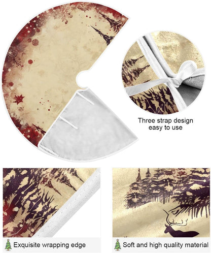 Vintage Red Elk Christmas Tree Skirt - 36 Inch Xmas Tree Mat for New Year Party Decorations