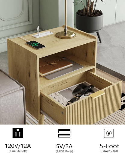 Nightstand,Modern Bedside Table with Storage Drawer and Open Wood Shelf, Accent Night Stand with Solid Wood Legs for Living Room, Bedroom and Small Spaces,Easy Assembly (Yellow Oak-Outlet)