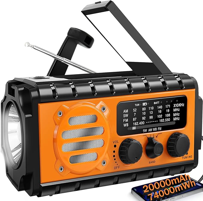 20000mah Hand Crank Emergency Radio,SW/NOAA/AM/FM Weather Radio, Solar Powered Hand Crank Chager with Bige Batery Powered,Portable,Cellphone Charge,SOS,Flashlight for Emergency/Home (Orange)