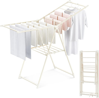 GameGem Clothes Drying Rack, Drying Rack Clothing, Foldable Laundry Drying Rack with 3 Heights-Adjustable, Sturdy Carbon Steel & Anti Slip Feet, Indoor Outdoor Use, Cream White