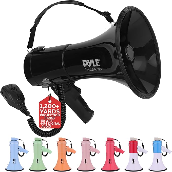 Pyle 50W Megaphone Bullhorn - Portable, Automatic Siren & Adjustable Volume, Projection Range Up to 1200 Square Yards, Aux Input, Talk, Siren, Music, Whistle, & Record, Shoulder Strap (Black)