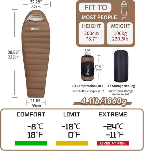 0 Degree Sleeping Bag for Adults 650 Fill Power Down Sleeping Bag for Cold Weather -20F / -8F / 0F / 10F Large Lightweight