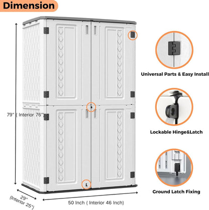 ZZM Resin Outdoor Storage Shed, 67 Cu.ft Vertical Resin Tool 4x6 FT Cabinet w/o Shelf for Garden, Patio, Backyard, All-Weather Outdoor Plastic Storage Clearance, Lockable with Floor (Light-White)
