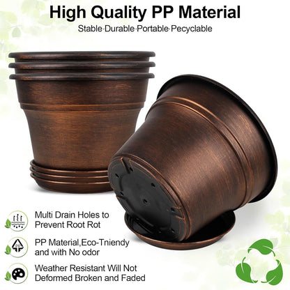 Plant Planters Pots Set of 4 Pack 16 Inch，Large Plastic Flower Pot for Indoor Plants with Drainage Holes & Trays, Resin Decorative Container Sets with Saucer for House Outdoor Garden Plant Copper