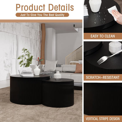Round Nesting Coffee Table Wood Drum Nesting Tables Modern Stacking Coffee Table Set of 2 Fluted Center Table End Table for Living Room Home Office Small Spaces, No Assembling (Black Crescent)