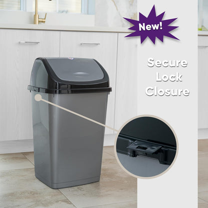 Superio Kitchen Trash Can 13 Gallon with Swing Lid, Plastic Tall Garbage Can Outdoor and Indoor, Large 62 Qt Recycle Bin and Waste Basket for Home, Office, Garage, Patio, Restaraunt (Grey/Black)