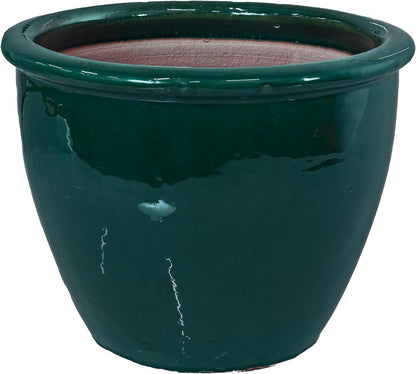 Sunnydaze Chalet Large Ceramic Plant Pot - Round Outdoor Glazed Ceramic Planter Pot with Drainage - Dark Green - 14.5"