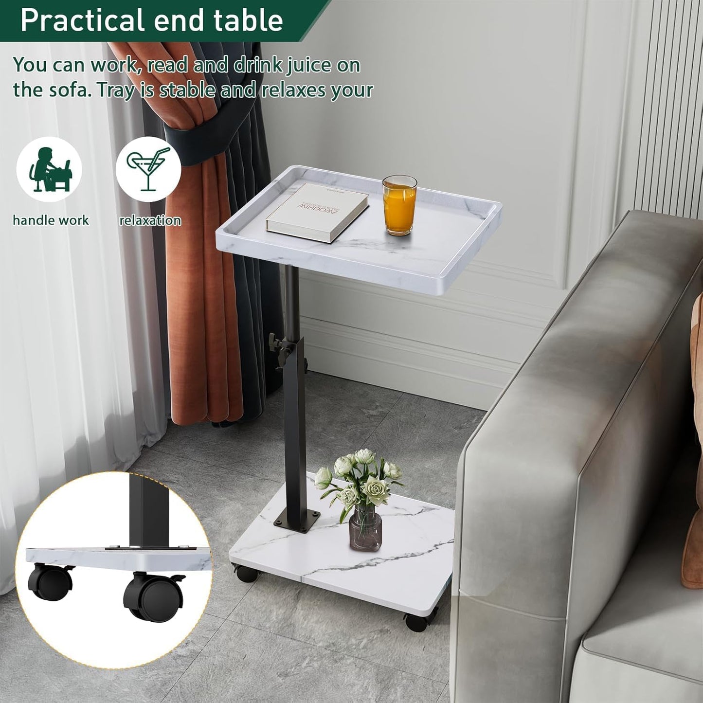 C Table End Table Adjustable Height, 360°Swivel TV Tray Table for Small Spaces, Couch Tables That Slide Under, C Shaped Side Tables Living Room and Bedroom for Sofa, Bed,Chair, Snack (White)