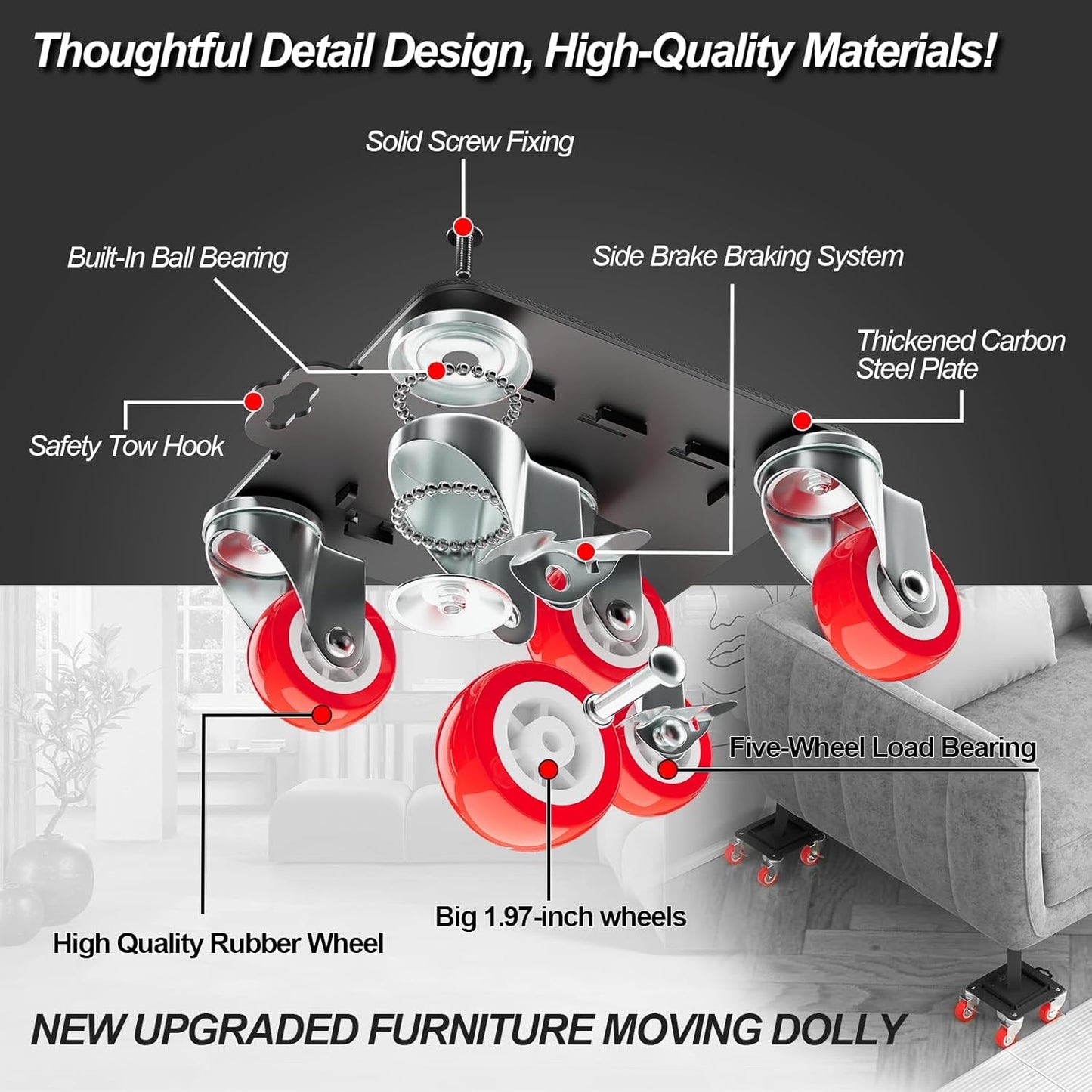 Furniture Dolly 5 Wheels Heavy Duty with Removable Side Guards,3307 Lbs Capacity,360° Rotating Wheels & Side Brake,Furniture Movers Lifter Tool with Wheels for Appliances,Sofas,Beds,Pianos