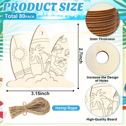 80PCS Wooden Summer Ornaments to Paint, 10 Styles DIY Blank Unfinished Wood Beach Cutouts Ornament for Crafts Hanging Decorations, Watermelon Surfboard Slippers Coconut Tree Home Decorations Gifts