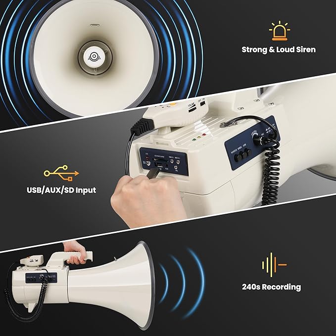 My Mealivos75W 2000 Professional Yard Sound Range Heavy PA Bullhorn Megaphone Speaker, Adjustable Volume, Loud Hand Held Megaphone, Outdoor Activities, Coaching, Football, Baseball, Hockey…