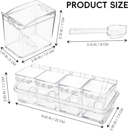 Clear Seasoning Box, 4 Pieces Seasoning Rack Spice Pots, Storage Container Condiment Jars Acrylic Seasoning Box with Covers and Spoons for Spice, Sugar, Salt, Sugar, Cardamon, Cinnamon