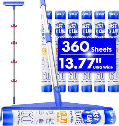 COBETE 13.77" Large Extra Sticky Lint Roller, 69.88" Long Handle Lint Remover with 6 Rollers for Clothes, Cat Dog Pet Hair, Furniture, Couch, Carpet, Floor，Painted Wall Cleaner Mop Dust Cleaning