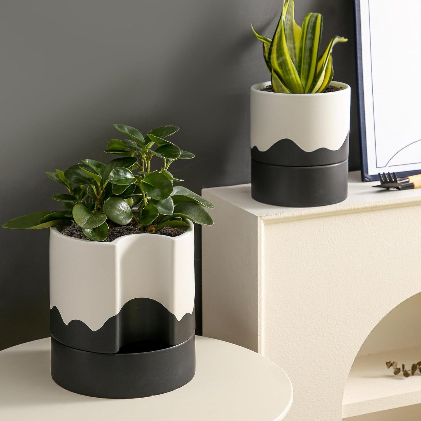 Nihow Self Watering Plant Pot: 8 Inch Ceramic Planter with Drainage Hole & Water Storage Plus for Indoor & Outdoor Plants - Cylinder Round Flower Pot for Succulent/Herbs/Violets - White & Wave Black