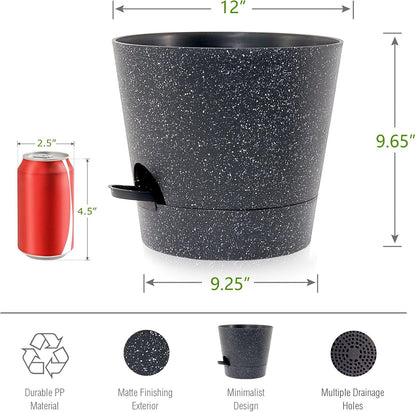 Self Watering Pots for Indoor Plants,12 inch Planters with Drainage Holes Plastic Flower Pots with Deep Reservoir, Black Speckles