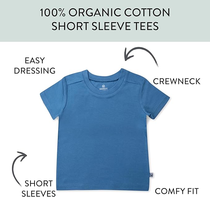 HonestBaby 5-Pack Short Sleeve T-Shirts 100% Organic Cotton Baby, Toddler, Little Kid, Boy, Girl, Unisex