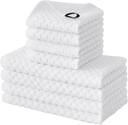 Fintale 100% Cotton Kitchen Towels and Dishcloths Set, 12 x 12 & 15 x 25 Inches, Set of 8 Bulk Super Soft and Absorbent Terry Cloth Dish Towels, Quick Drying Hand Towels with Hanging Loop, White