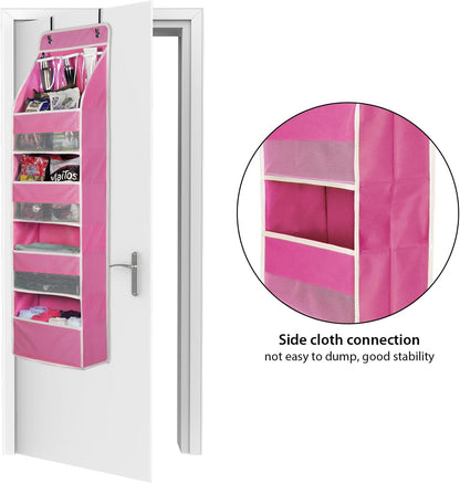 Univivi 5-Shelf Fabric Door Storage Over Door Hanging Organizer with 4 Large Pockets and 3 Small PVC Pockets Nursery Closet Cabinet Wall Mount Hanging Storage Organizers for Baby Nursery (Pink)