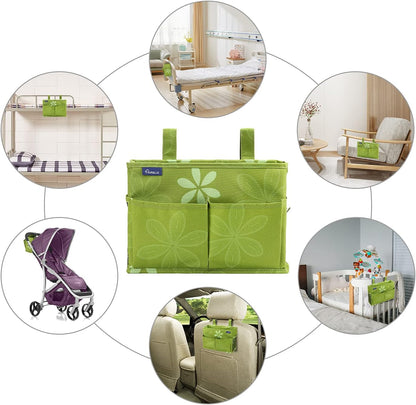 Surblue Bedside Caddy Hanging Bed Organizer Storage Bag Pocket for Bunk and Hospital Beds, College Dorm Rooms Baby Bed Rails,Camp Chiars，Wheelchair Side Bag，4 Pockets and 2 Hooks (Flower)