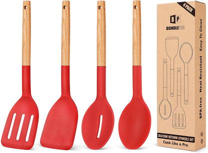 Pack of 4 Silicone Cooking Utensils Set, Non Stick Solid Spatulas and Heat Resistant Slotted Spoons with Wooden Handle, Ideal Wood Kitchen Utensils Set for Frying,Serving,Turning,Stirring (RED)