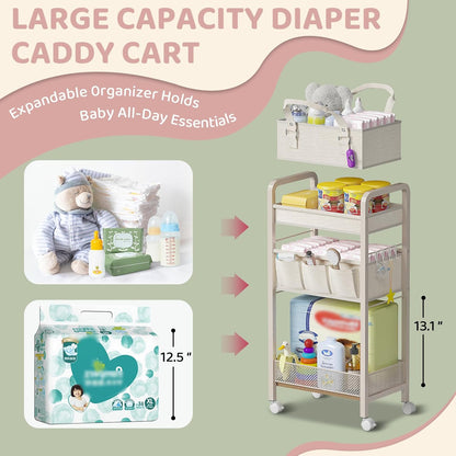 Baby Diaper Caddy Organizer and Storage,2In1 Baby Cart Organizer-Baby Diaper Caddy+3 Tier Rolling Cart for Baby Nursery,Baby Bedside Cart,Easy Assembly,Beige