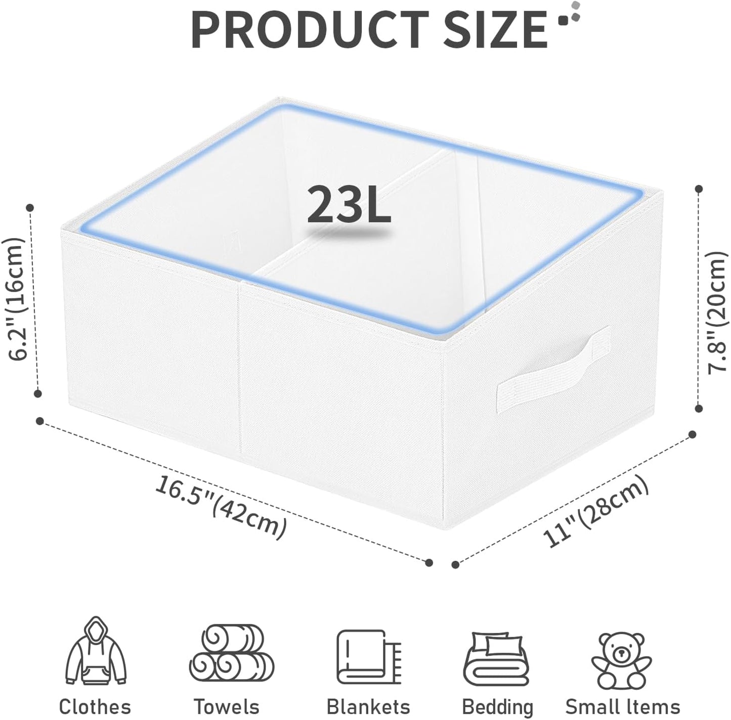 DIMJ Large Closet Shelf Organizer Bins 4 Packs with Handles and Divider, Fabric Trapezoid Storage Baskets, Foldable Clothes Containers Box for Shelf, Towel, Book, Toy, Purse, Hats, White