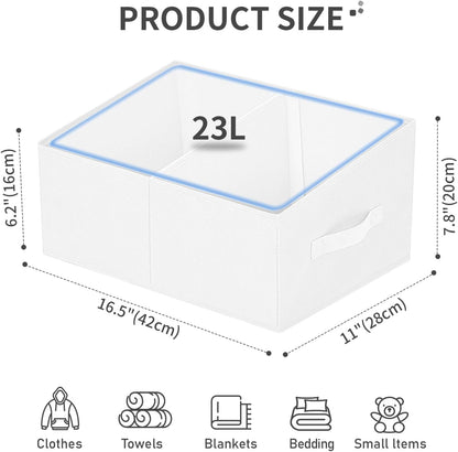 DIMJ Large Closet Shelf Organizer Bins 4 Packs with Handles and Divider, Fabric Trapezoid Storage Baskets, Foldable Clothes Containers Box for Shelf, Towel, Book, Toy, Purse, Hats, White